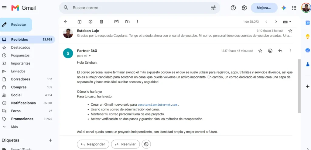 Captura de pantalla de un mail enviado al equipo de soporte de la formación partner 360