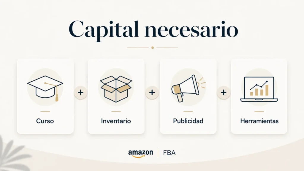 Infografía sobre el capital necesario para vender en Amazon FBA, incluyendo curso, inventario, publicidad y herramientas.