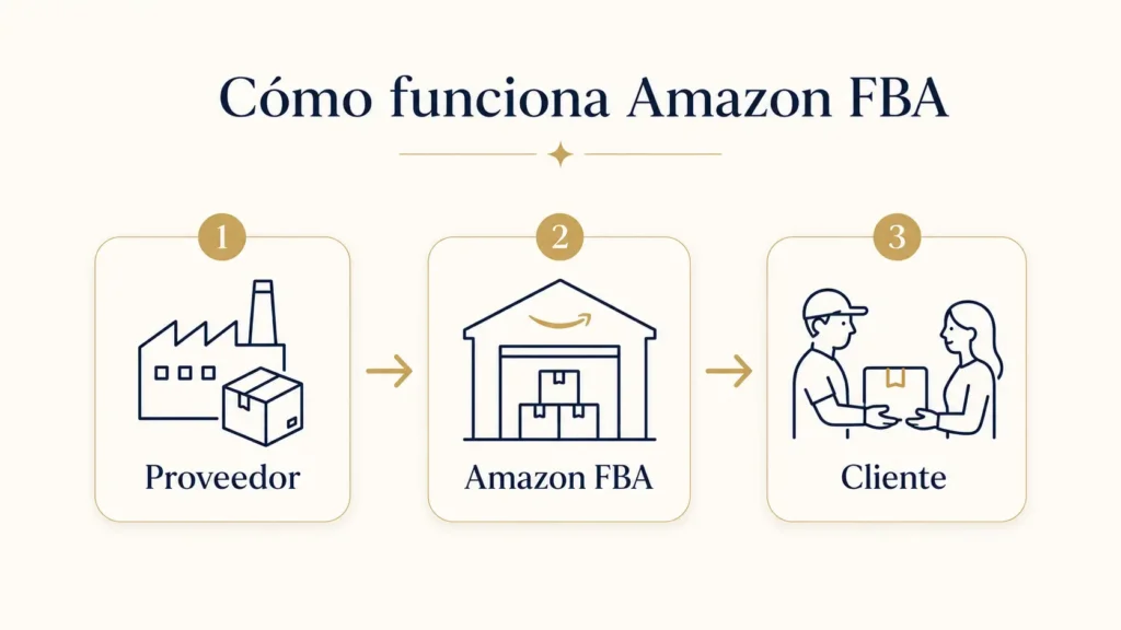 Infografía del proceso de Amazon FBA desde el proveedor hasta el almacén de Amazon y la entrega al cliente.