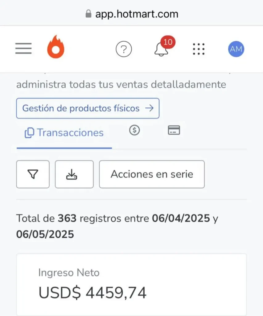facturacion de ana cifuentes en la plataforma de hotmart. Ella es alumna de curso codigo million pro