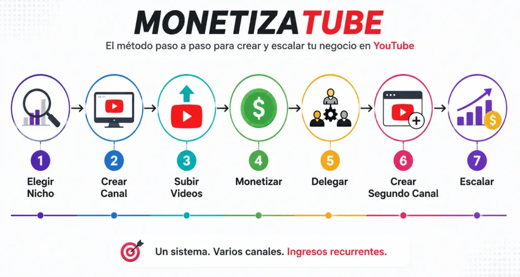 Infografía del curso MonetizaTube mostrando el proceso para crear canales automatizados de YouTube y generar ingresos recurrentes.