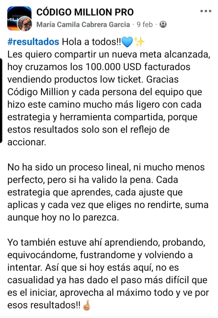 testimonio de mara cabrera alumna de la formación codigo million pro