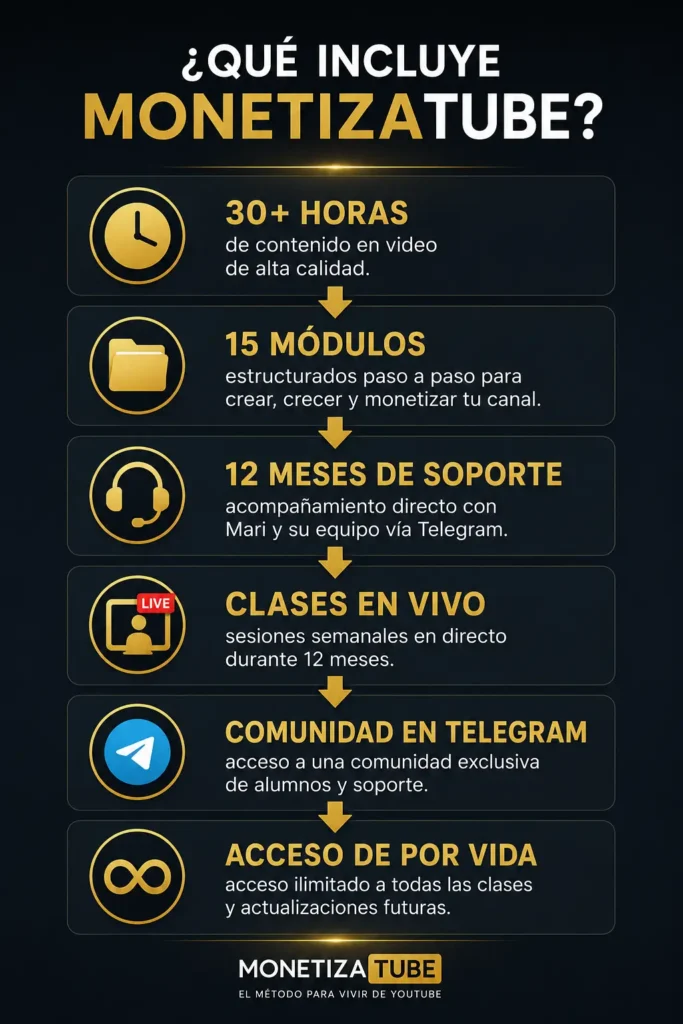 Infografía de MonetizaTube mostrando el contenido del curso, módulos, soporte, clases en vivo y acceso de por vida.