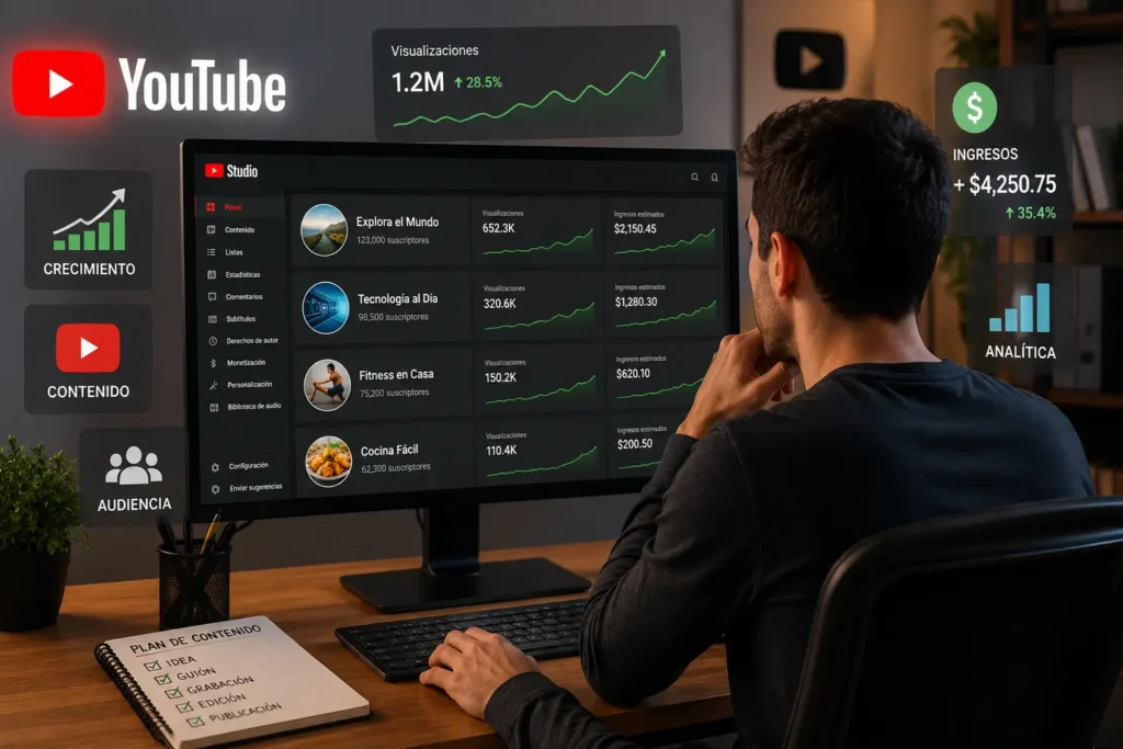 Persona gestionando varios canales automatizados de YouTube con estadísticas de crecimiento e ingresos desde un ordenador.