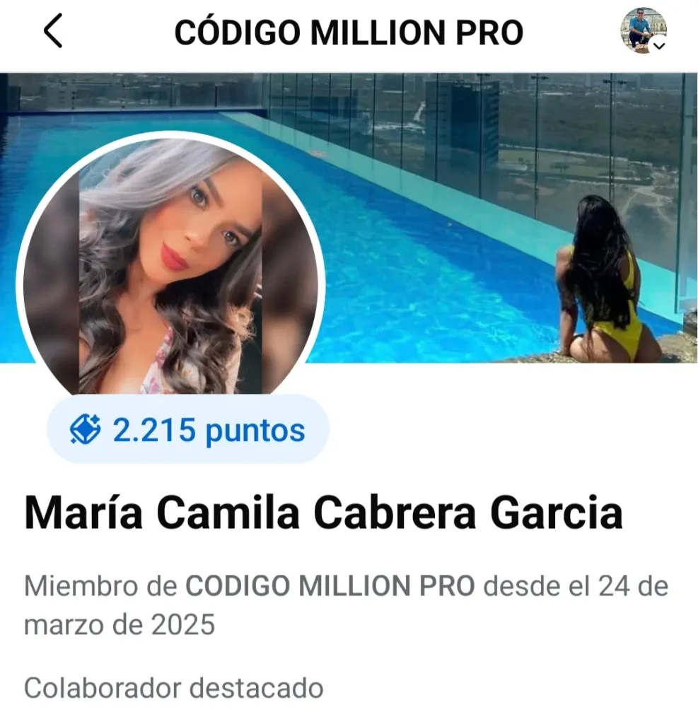 maria cabrera en el grupo de facebook del curso codigo million pro
