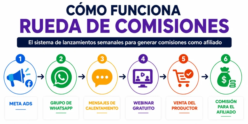 Infografía que explica cómo funciona el sistema de lanzamientos del curso Rueda de Comisiones de Marcos Araujo.